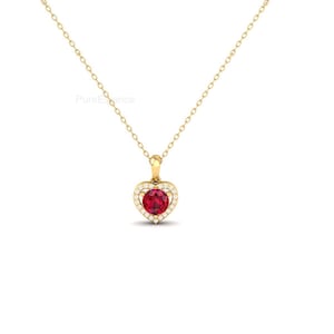 Ruby & Diamond Heart Pendant Necklace: 14K Gold Plated, July Birthstone