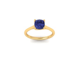 Cushion Cut Sapphire Solitaire Ring: 14k Gold Plated Engagement Ring