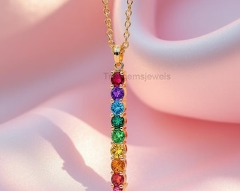 14K Gold Plated Rainbow Bar Necklace: Dainty Gemstone Pendant