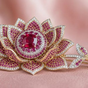 May include: A gold-toned floral brooch with a central ruby surrounded by smaller rubies and diamonds. The petals are detailed with ruby and diamond accents, creating a luxurious and elegant design. The brooch is set against a soft pink background.