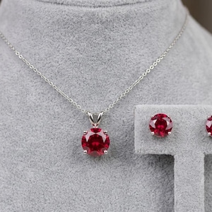 Round Cut Ruby Red Solitaire Jewelry Set, 14K White Gold Plated Sterling Silver