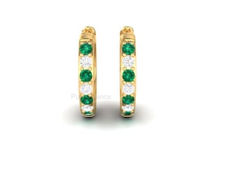 Emerald & Diamond Huggie Hoop Earrings: 14k Gold Plated Mini Hoops