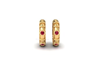 Ruby Huggie Hoop Earrings: 14k Gold Plated Bezel Set Gemstone