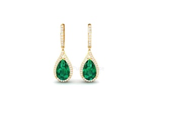 Pear Emerald Drop Dangle | Diamond Halo Earrings | May Birthstone Gift | Teardrop Gemstone Earrings | Anniversary Jewelry | Gift for Her