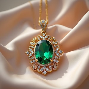 May include: A gold pendant necklace featuring a large, oval-cut emerald gemstone. The emerald is surrounded by a decorative gold setting with small, sparkling diamonds. The necklace hangs on a delicate gold chain.