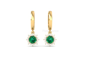 Emerald & Diamond Halo Dangle | Round Emerald Dangle earrings | May Birthstone Earrings | Green Gemstone Jewelry | Anniversary Gift for Her