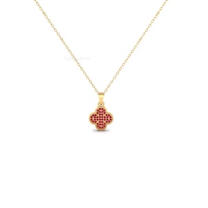 14K Gold Ruby Clover Necklace: Red Gemstone Good Luck Charm