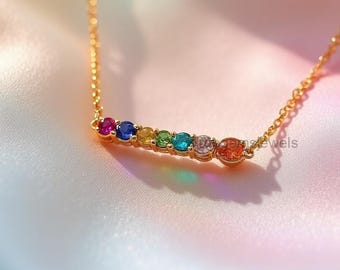 14K Gold Plated Rainbow Necklace: Dainty Gemstone Bar Pendant