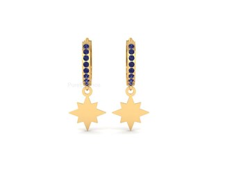 Sapphire Star Dangle Hoop Earrings: 14k Gold Plated Celestial Jewelry