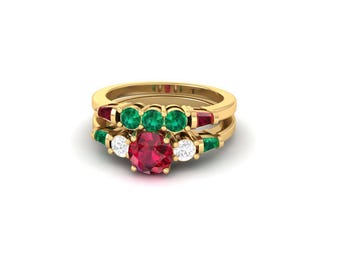 Ruby & Emerald Stacking Rings: 14k Gold Plated Gemstone Set