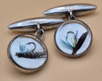 Gemelos vintage de plata de ley con diseño de mosca de pesca: diseño de cisne de Birmingham de 1957