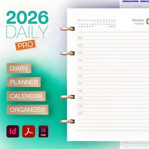 Puede incluir: Una agenda Daily Pro 2026 con un interior blanco, que presenta un diseño de página del 1 de enero. El diseño incluye un calendario, zonas horarias y abreviaturas. La portada tiene las palabras "2026 Daily Pro", "Diary", "Planner", "Calendar" y "Organizer".