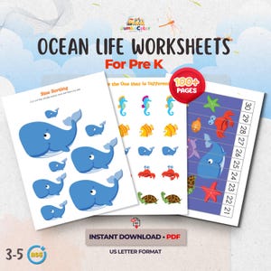Puede incluir: Hojas de trabajo Ocean Life para preescolar con más de 100 páginas de actividades educativas. Las páginas imprimibles incluyen clasificación por tamaño con ballenas azules, ejercicios de diferencias y una tabla de conteo en formato US letter.