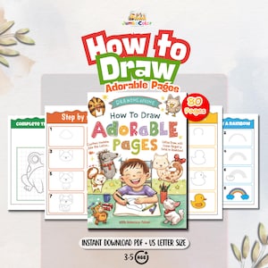 Puede incluir: Un libro de actividades de dibujo digital titulado How To Draw Adorable Pages con 80 páginas para niños de 3 a 5 años. La portada muestra a un niño dibujando, rodeado de animales, con páginas de muestra que enseñan a dibujar paso a paso.