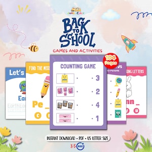 Puede incluir: Un libro de actividades y juegos digitales Back to School de 104 páginas en tamaño carta estadounidense. La portada presenta ilustraciones coloridas de una abeja, un cohete y útiles escolares. Incluye juegos de conteo y ejercicios de letras.