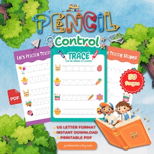 Puede incluir: Conjunto de actividades imprimibles educativas para niños, con ejercicios de trazo y práctica de formas. El diseño incluye ilustraciones coloridas con temática de Pascua y el texto "Pencil Control" y "Trace". El conjunto incluye 50 páginas.