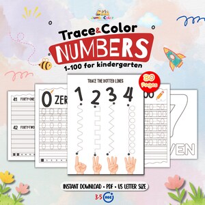 Puede incluir: Un libro de ejercicios educativo digital titulado Trace & Color NUMBERS 1-100 for kindergarten, que contiene 80 páginas de hojas de trabajo imprimibles. Las páginas incluyen líneas punteadas para trazar números, gestos manuales y palabras numéricas.