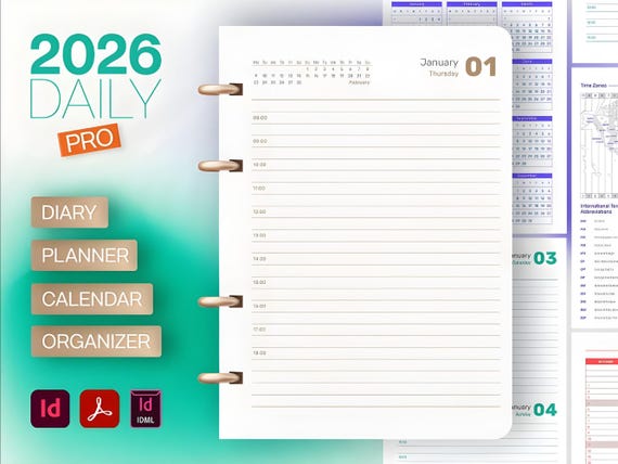 Editable InDesign Planner Template 2026 | Minimalist A5 Daily Organizer INDD |Printable Full Year Calendar Professional File, Calendar, Free