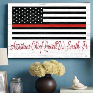 Personalized Thin Red Line Flag - Solid Wood Firefighter Gift