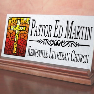 Pastor Sign Personalized Pastor Desk Nameplate: Stained Glass Cross, Marble ...