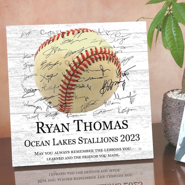 Signable Custom Baseball Player Plaque - Personalized Senior Season End Gift - 10.5x10.5 Inches Solid Wood For Shelf or Wall