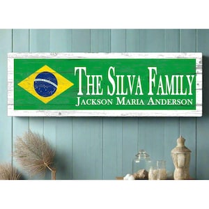 Custom Brazil Flag Family Name Sign Brazilian Wedding Gift or Housewarming Present - Solid Wood - 16.5in x 10.5in