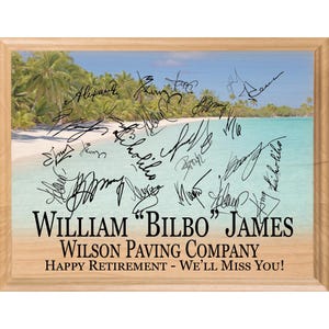 Personalized Beach Retirement Plaque: Signable Maple Wood Gift
