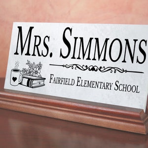 Personalized Teacher Desk Name Plate: Marble & Hardwood, Coffee Cup Design