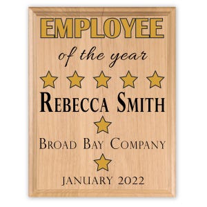 Personalized Employee of the Year Award Plaque: Solid Maple Wood Recognition Gift