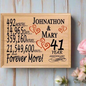 May include: A wooden sign with the text "Johnathon & Mary 41 Year Anniversary" and a list of time periods in months, days, hours, and minutes. The sign is decorated with red hearts.