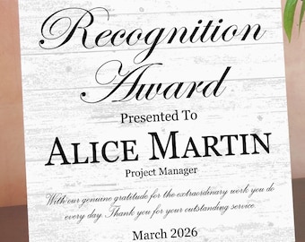 Recognition Award Plaque – Personalized Employee Appreciation Gift with Name, Title, Message & Date