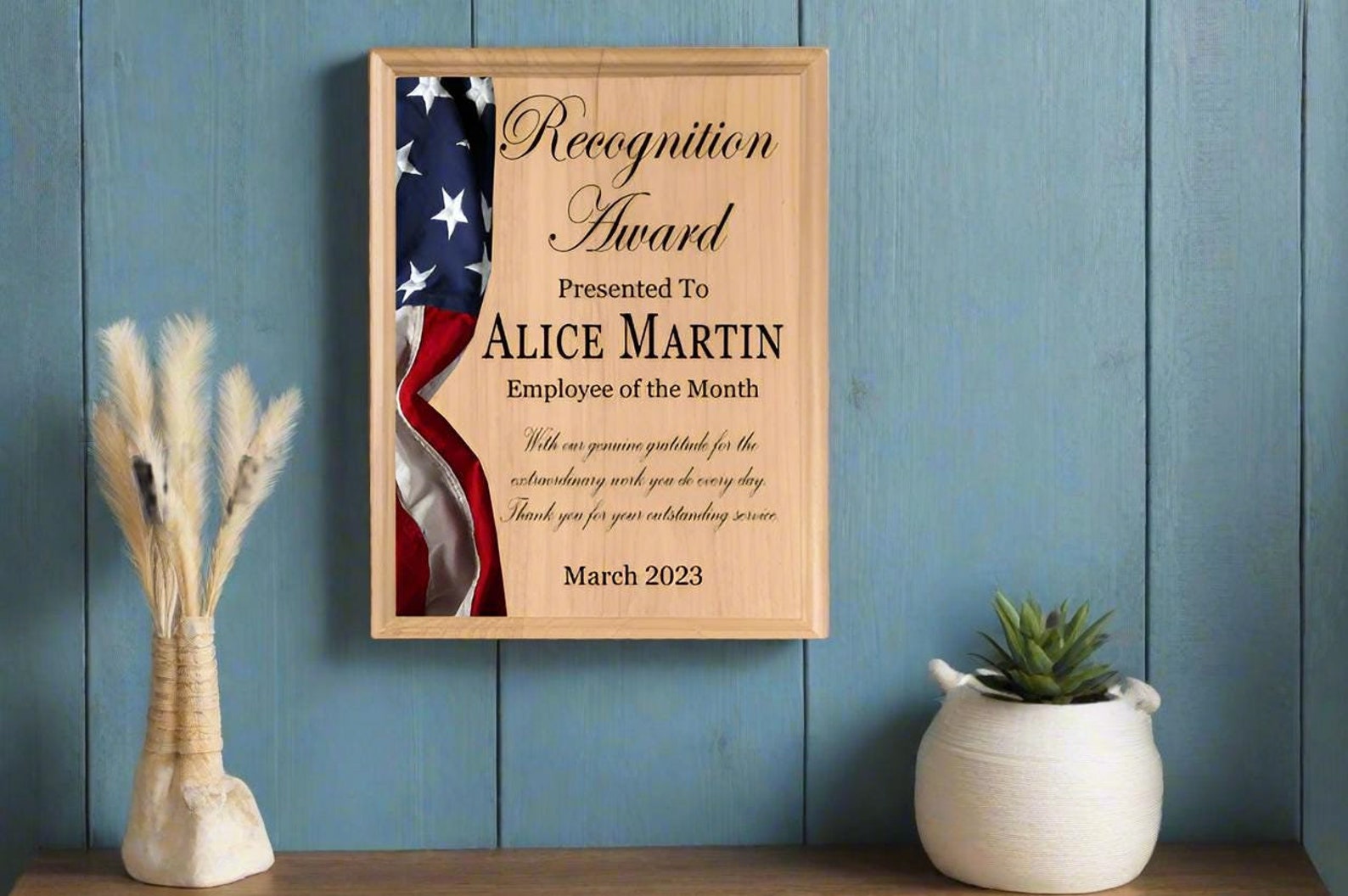 Personalized Maple Wood Award Plaque: American Flag Military Retirement Gift