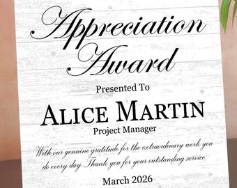 Appreciation Award Plaque – Custom Recognition Gift with Name, Title, Message, & Date