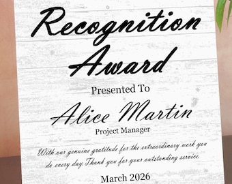 Recognition Award Plaque – Personalized Employee Appreciation Gift with Name, Title, Message & Date