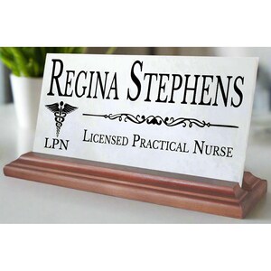 Personalized LPN Marble Desk Nameplate: American Hardwood Base