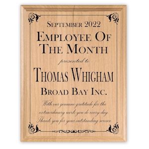 Personalized Solid Maple Wood Employee of the Month Plaque