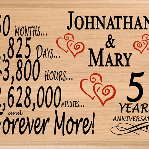 5th Anniversary Gift PERSONALIZED 5 Year Wedding Anniversary Gifts for Him Her or Couple Wood Five ***FREE SHIPPING 2nd Day Air!**