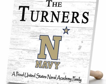 Navy Midshipmen Proud Family Sign - Personalized Family Name Wood Plaque - Officially Licensed Square Decor
