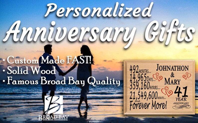 May include: Personalized wooden anniversary sign with a couple's names, "Johnathon & Mary", and the number "41" for their 41st anniversary. The sign also includes the number of months, days, hours, and minutes they have been together. The sign is on a beach with a couple walking in the background.