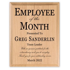 Employee of the Month Award Plaque Custom Appreciation Gift Sign For Employee - Solid Wood
