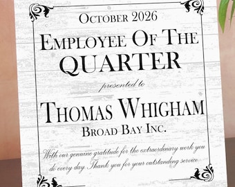Employee of the Quarter Award Plaque – Personalized Recognition Gift with Name, Company, Message & Date