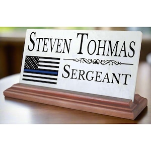 Personalized Police Desk Nameplate: Thin Blue Line Marble Plaque