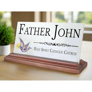 Catholic Desk Nameplate – Personalized Solid Marble Name Plate with Holy Spirit Dove Design | Gift for Priest, Pastor, or Church Office
