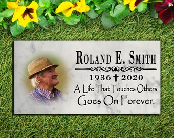 Picture Memorial Stone Loved One Loss Gift Custom Photo Marble Memory Plaque - A Life That Touches Others Goes On Forever 12" x 6"
