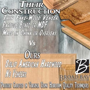 May include: A comparison of two types of wood construction. The top image shows a thin fake wood veneer, particle board or MDF, made in China or overseas. The bottom image shows solid American hardwood with no veneers, proudly crafted in Virginia using heirloom quality techniques. The text "THEIR CONSTRUCTION" is above the top image and the text "OURS" is above the bottom image. The text "Vs" is between the two images. The text "BROAD BAY FINE WOOD ACCESSORIES" is below the bottom image.