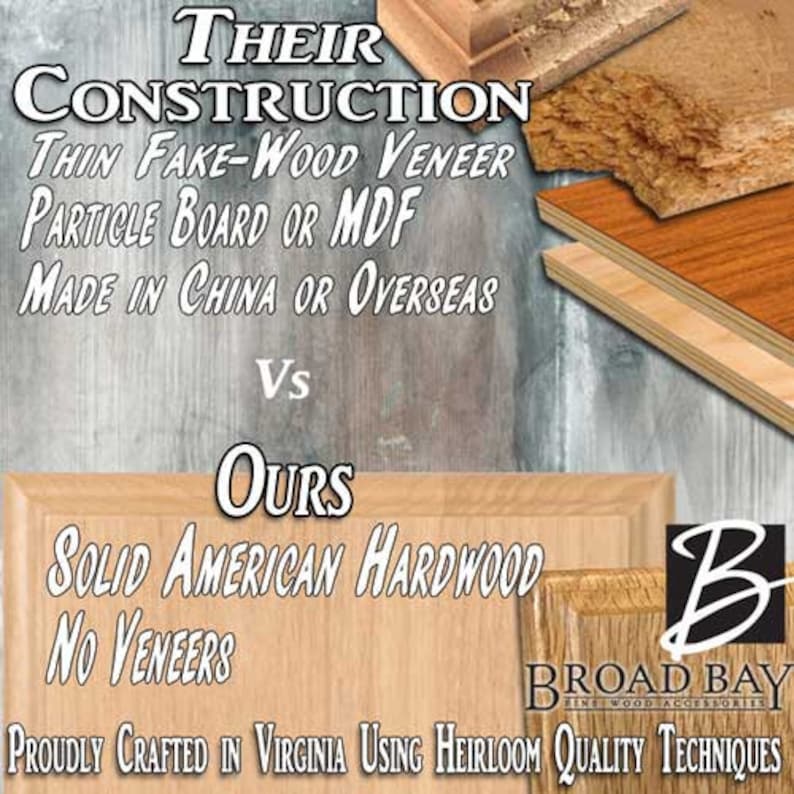 May include: A comparison of two types of wood construction. The top image shows a thin fake wood veneer, particle board or MDF, made in China or overseas. The bottom image shows solid American hardwood with no veneers, proudly crafted in Virginia using heirloom quality techniques. The text "THEIR CONSTRUCTION" is above the top image and the text "OURS" is above the bottom image. The text "Vs" is between the two images. The text "BROAD BAY FINE WOOD ACCESSORIES" is below the bottom image.