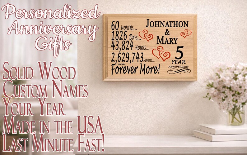 Personalized 5th Anniversary Gift Plaque - Traditional Wooden Couple's ...