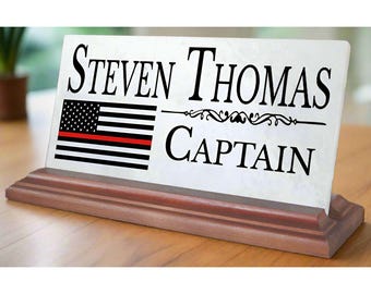 Personalized Firefighter Marble Desk Nameplate: Thin Red Line Flag Gift