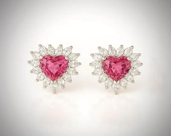 Heart Cut Pink Tourmaline Earrings – 925 Sterling Silver Studs – January Birthstone Jewelry – Romantic Anniversary Gift for Her