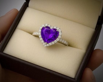 Anillo de amatista con corte de corazón – Anillo de promesa de plata de ley 925 con piedra preciosa morada – Joyería con piedra natal de febrero – Amatista para compromiso o regalo para ella